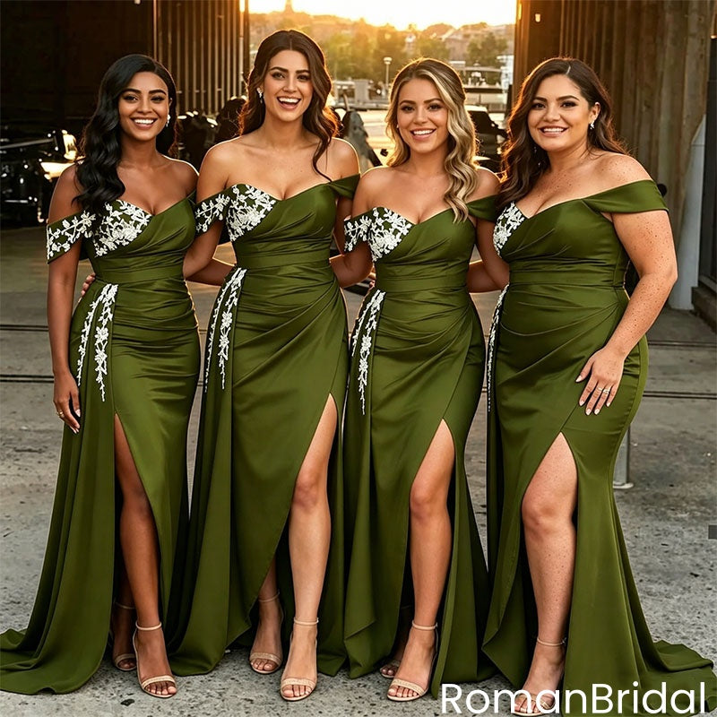 Off-Shoulder White Lace Applique Olive Green High Split Bridesmaid Dresses,BG966
