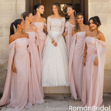 Blushing Pink Off Shoulder Chiffon Bridesmaid Dresses Long Drape Sleeve Gown,BG943