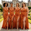 Modern One Shoulder Burnt Orange Bridesmaid Dresses Sexy Split Satin Gowns,BG969