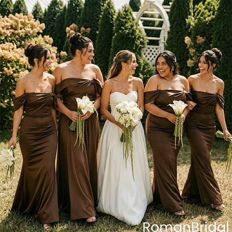 Beautiful Off The Shoulder Mermaid Bridesmaid Dress Elegant Brown Satin Gown,BG1009