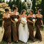Beautiful Off The Shoulder Mermaid Bridesmaid Dress Elegant Brown Satin Gown,BG1009