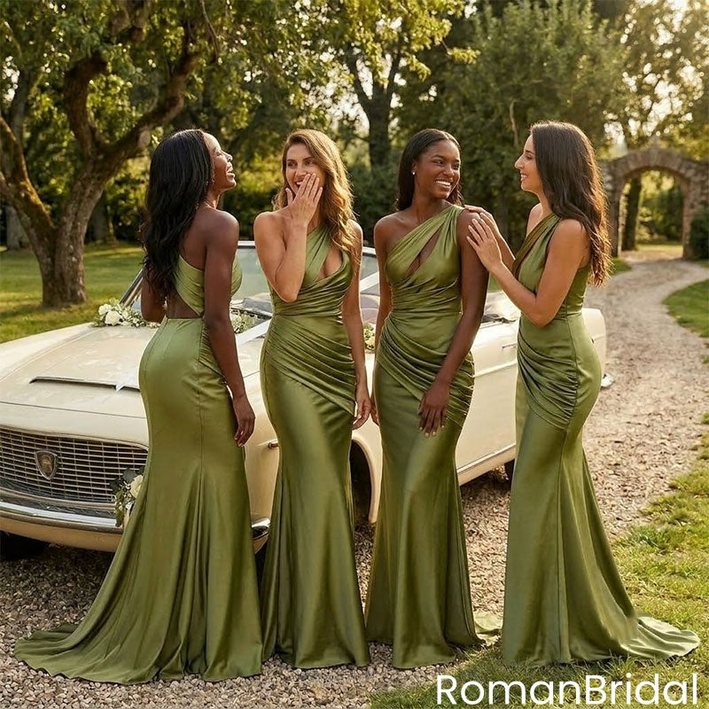 Elegant Olive Green Satin Bridesmaid Dress Unique Backless Formal Evening Gown,BG999