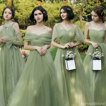 Elegant Green Mismatched Sleeveless A-Line Long Bridesmaid Dresses Online, BG900