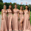 Fancy V Neck A-Line Bridesmaid Dress with Pleated Bodice and Sexy Leg Slit Satin Wedding Guest,BG938