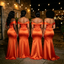 Foldover Off Shoulder Side Slit Satin Bridesmaid Dresses Rust Orange Party,BG981