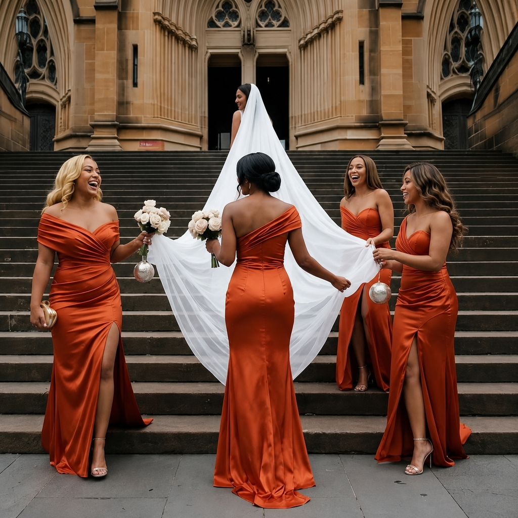 Stunning Burnt orange One Shoulder Satin Bridesmaid Dress Elegant High Slit Maxi Gown,BG1002