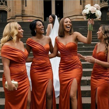 Stunning Burnt orange One Shoulder Satin Bridesmaid Dress Elegant High Slit Maxi Gown,BG1002