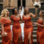 Stunning Burnt orange One Shoulder Satin Bridesmaid Dress Elegant High Slit Maxi Gown,BG1002