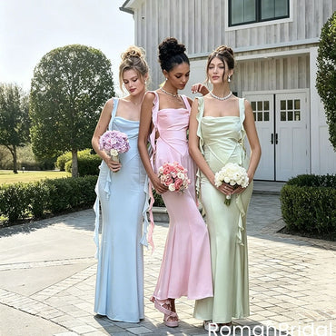Classy Satin Pastel Color-Block Ruffle Strap Mermaid Bridesmaid Dresses,BG973