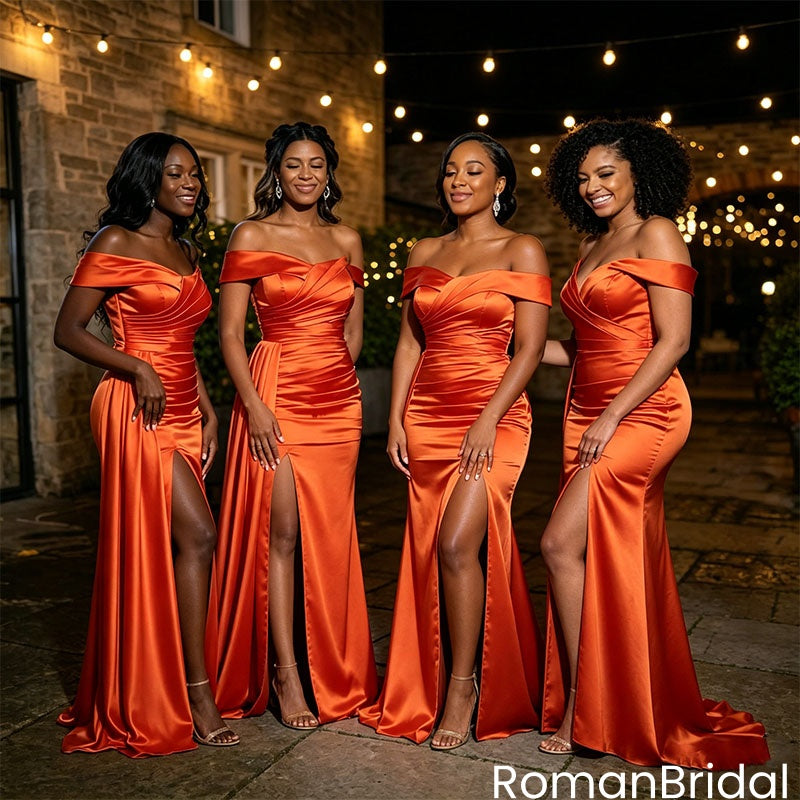 Foldover Off Shoulder Side Slit Satin Bridesmaid Dresses Rust Orange Party,BG981