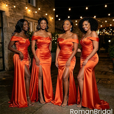 Foldover Off Shoulder Side Slit Satin Bridesmaid Dresses Rust Orange Party,BG981