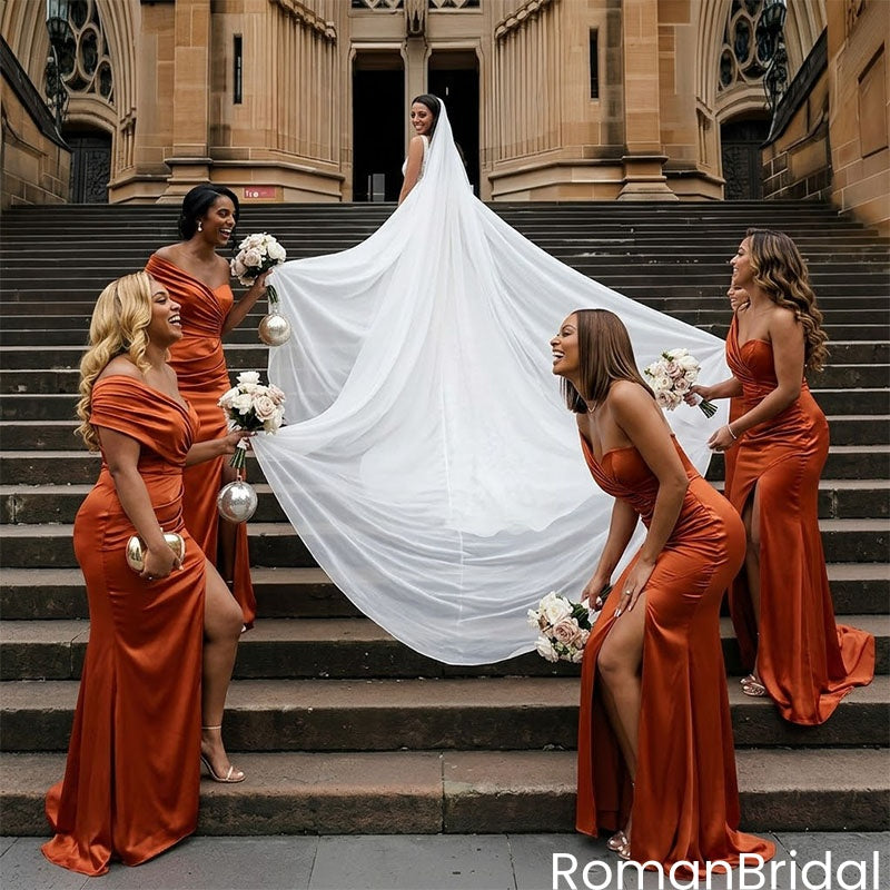 Stunning Burnt orange One Shoulder Satin Bridesmaid Dress Elegant High Slit Maxi Gown,BG1002