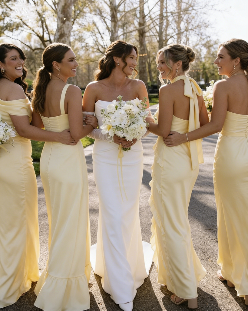 Pastel Yellow Silk Satin Bridesmaid Dresses Long Split High Neck Party Gowns,BG944
