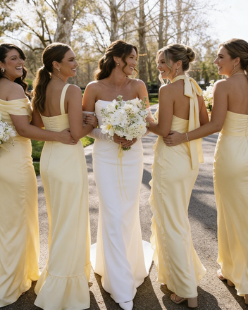 Pastel Yellow Silk Satin Bridesmaid Dresses Long Split High Neck Party Gowns,BG944