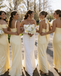 Pastel Yellow Silk Satin Bridesmaid Dresses Long Split High Neck Party Gowns,BG944