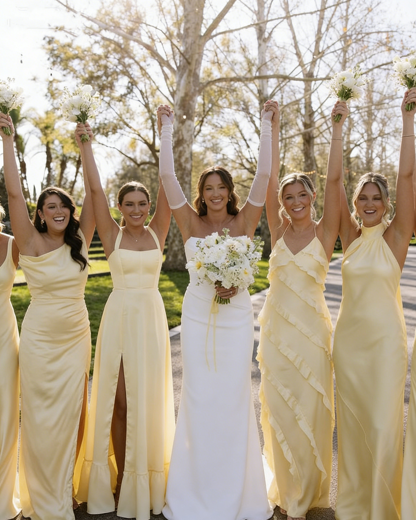 Pastel Yellow Silk Satin Bridesmaid Dresses Long Split High Neck Party Gowns,BG944
