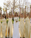 Pastel Yellow Silk Satin Bridesmaid Dresses Long Split High Neck Party Gowns,BG944