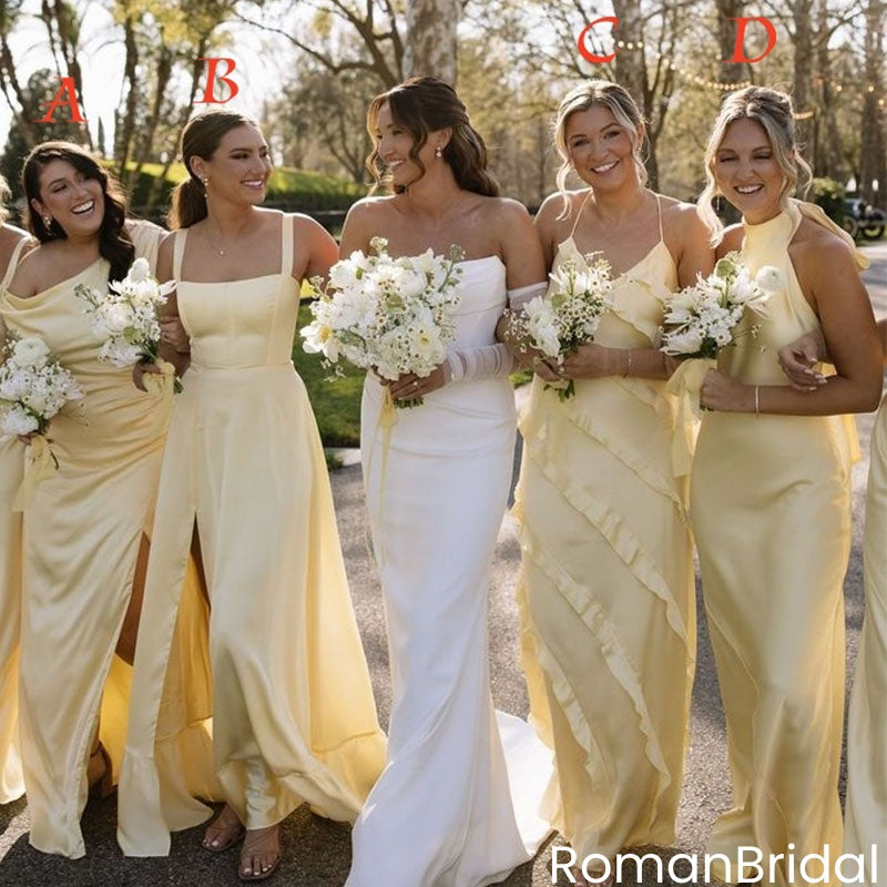 Pastel Yellow Silk Satin Bridesmaid Dresses Long Split High Neck Party Gowns,BG944