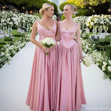 Elegant Pink Spaghetti Strap Sleeveless A-Line Long Bridesmaid Dresses Online, BG925