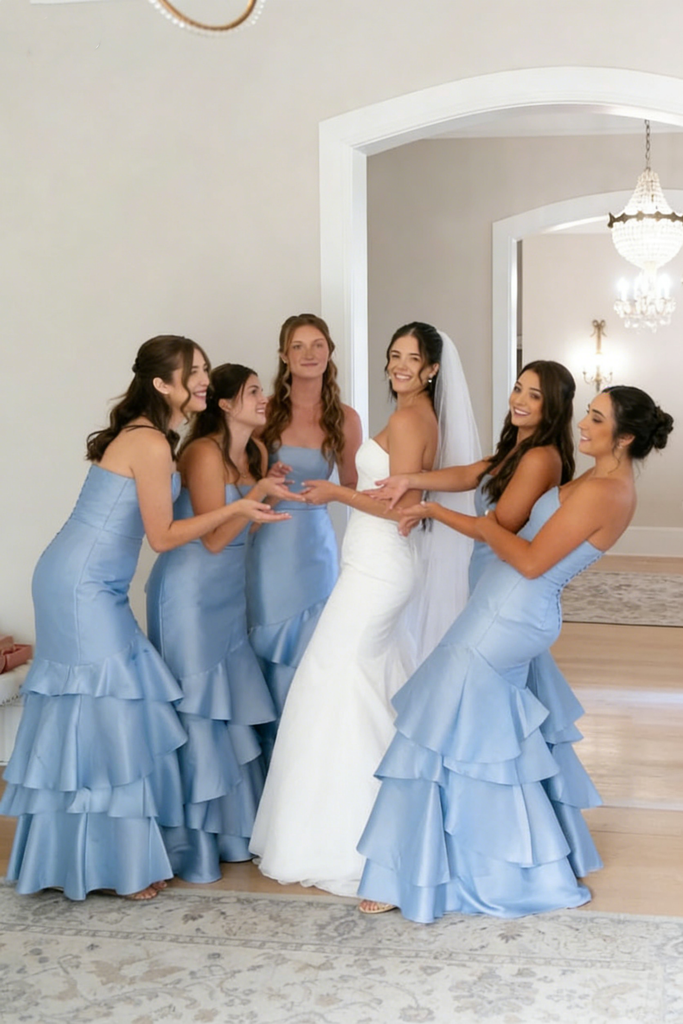 Dusty Blue Tiered Ruffle Bridesmaid Dresses Long Strapless Mermaid Prom Gown,BG945