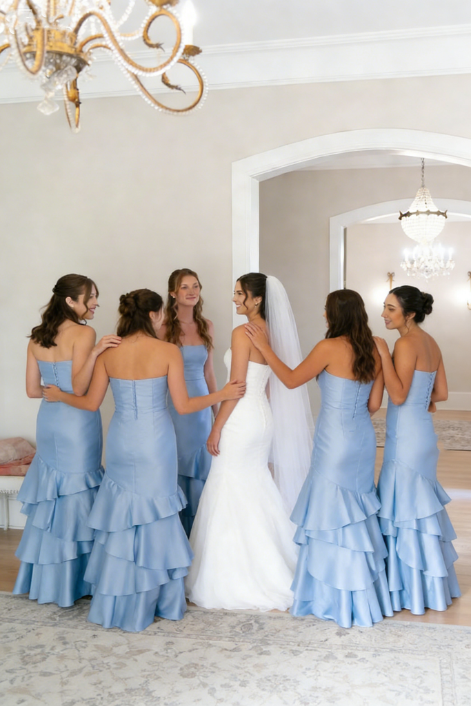 Dusty Blue Tiered Ruffle Bridesmaid Dresses Long Strapless Mermaid Prom Gown,BG945