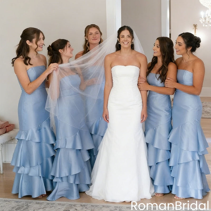 Dusty Blue Tiered Ruffle Bridesmaid Dresses Long Strapless Mermaid Prom Gown,BG945