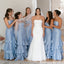 Dusty Blue Tiered Ruffle Bridesmaid Dresses Long Strapless Mermaid Prom Gown,BG945