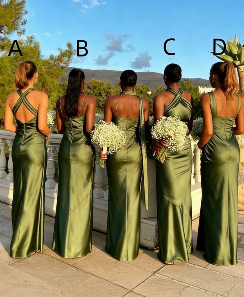 Olive Green Satin Halter Bridesmaid Dresses Floor Length Backless Party Gowns,BG946