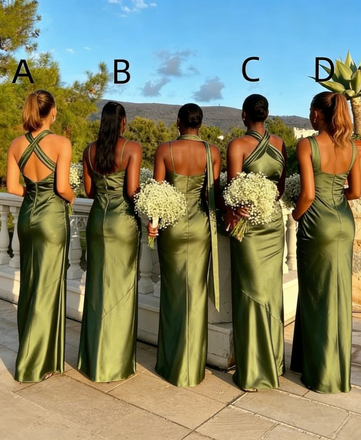 Olive Green Satin Halter Bridesmaid Dresses Floor Length Backless Party Gowns,BG946