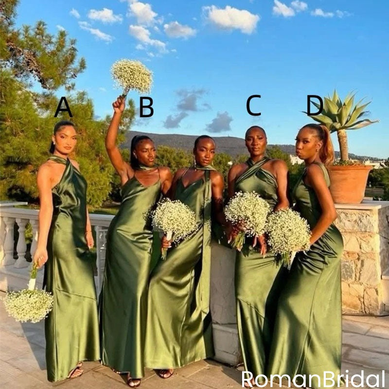 Olive Green Satin Halter Bridesmaid Dresses Floor Length Backless Party Gowns,BG946