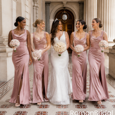 Classy Dusty Rose Cowl-Neck Sleeveless Floor-Length Satin Slit Bridesmaid Dress,BG1016
