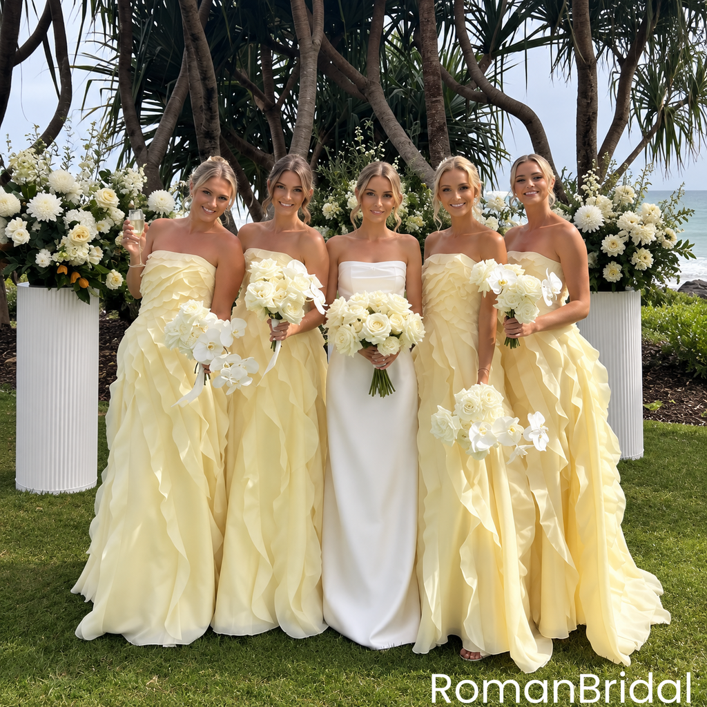 Pretty Yellow Strapless Cascading Ruffle Long Bridesmaid Dress Elegant Flowy Gown,BG1019