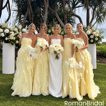 Pretty Yellow Strapless Cascading Ruffle Long Bridesmaid Dress Elegant Flowy Gown,BG1019