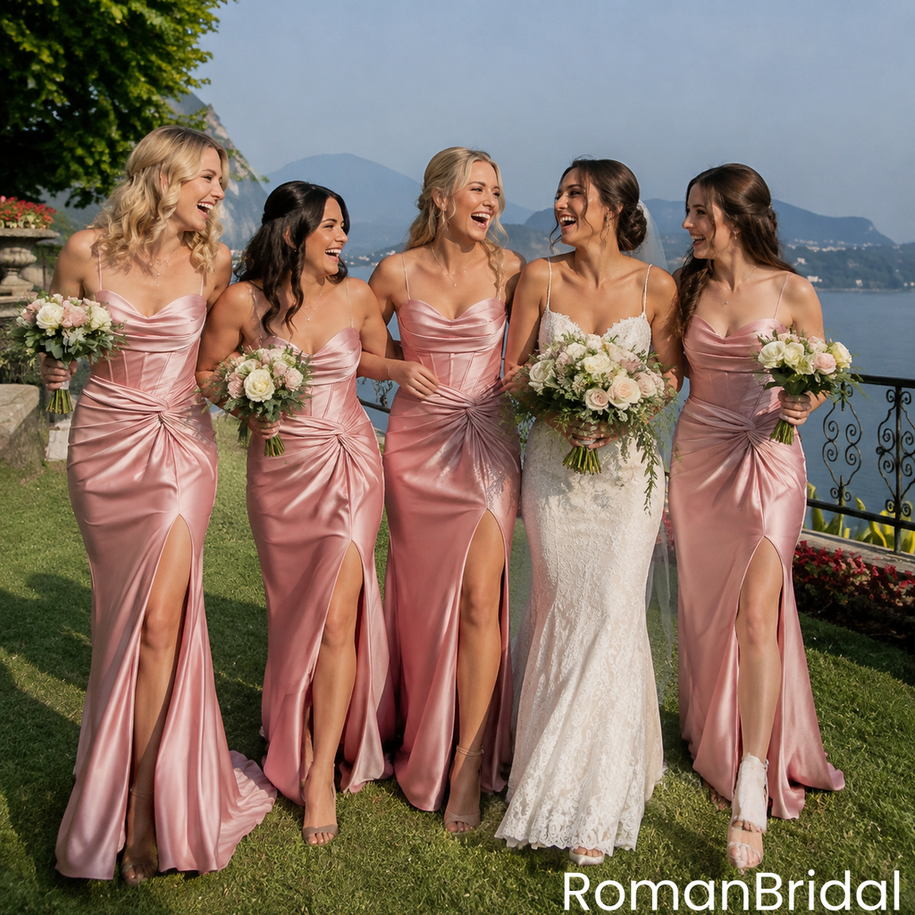 Pink Satin Spaghetti Strap Bridesmaid Dresses Classy Twist Waist Slit Gowns,BG1022