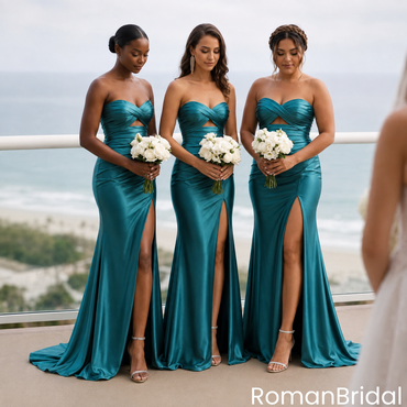 Sexy Teal Strapless Ruched Satin Mermaid Long Bridesmaid Dress with Elegant Slit,BG1023