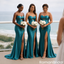 Sexy Teal Strapless Ruched Satin Mermaid Long Bridesmaid Dress with Elegant Slit,BG1023