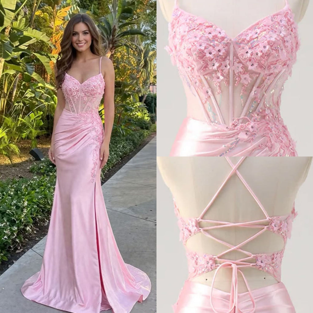 Fancy Pink Satin Prom Dress Sheer Corset Bodice Side Slit Ruched Mermaid Design,OLP2157