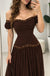 Classy Brown Off-Shoulder Ruched Chiffon Prom Dress Unique Beaded A-Line Gown,OLP2403