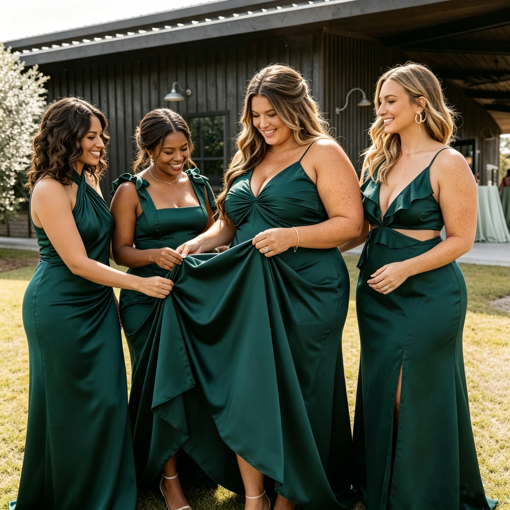 Sexy Satin Emerald Green Deep V-Neck Leg Slit Bridesmaid Dresses,BG971