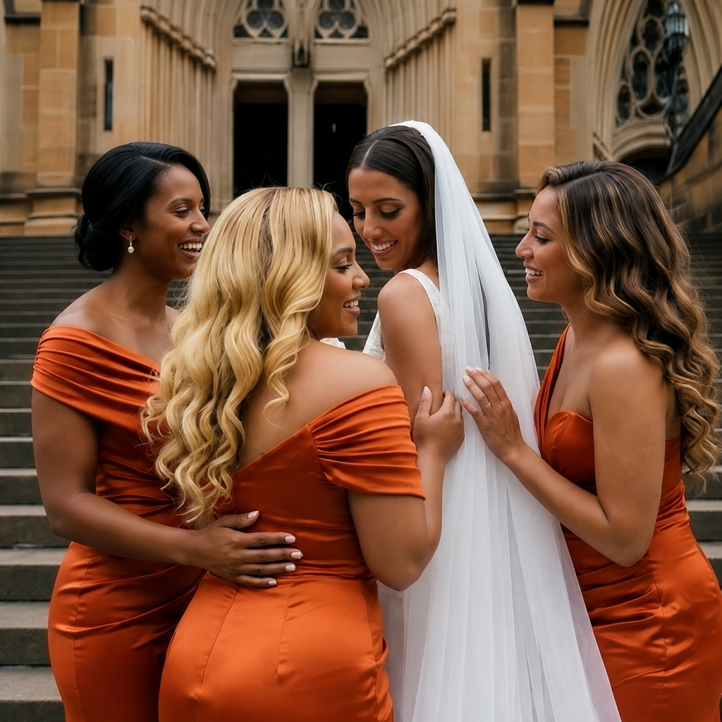 Stunning Burnt orange One Shoulder Satin Bridesmaid Dress Elegant High Slit Maxi Gown,BG1002