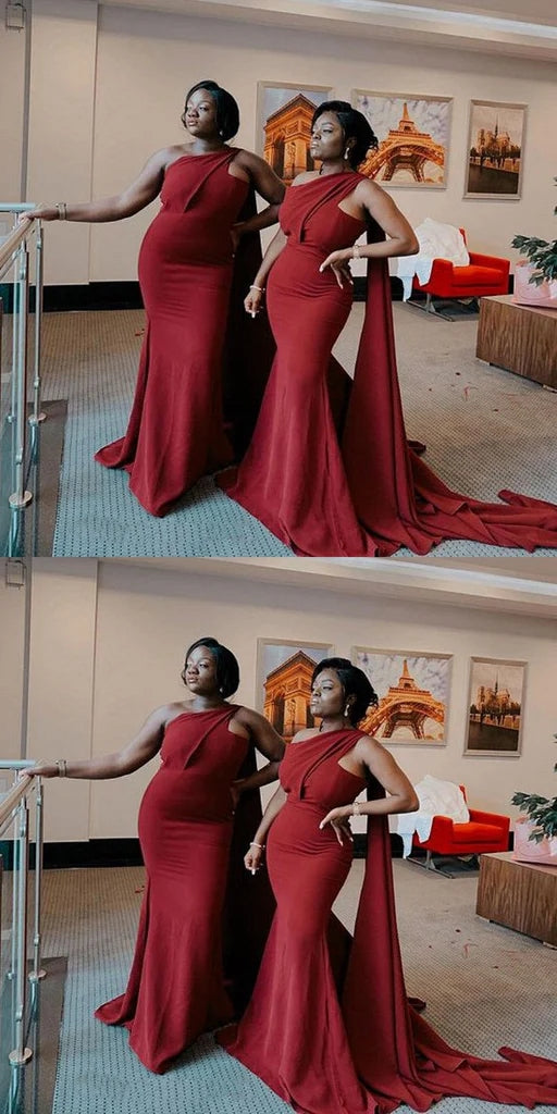 Elegant Mermaid One Shoulder Jersey Burgundy Long Bridesmaid Dresses Online, BG707