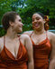 Elegant Halter V-neck Side Slit Mermaid Burnt Orange Satin Long Bridesmaid Dresses Online, BG708