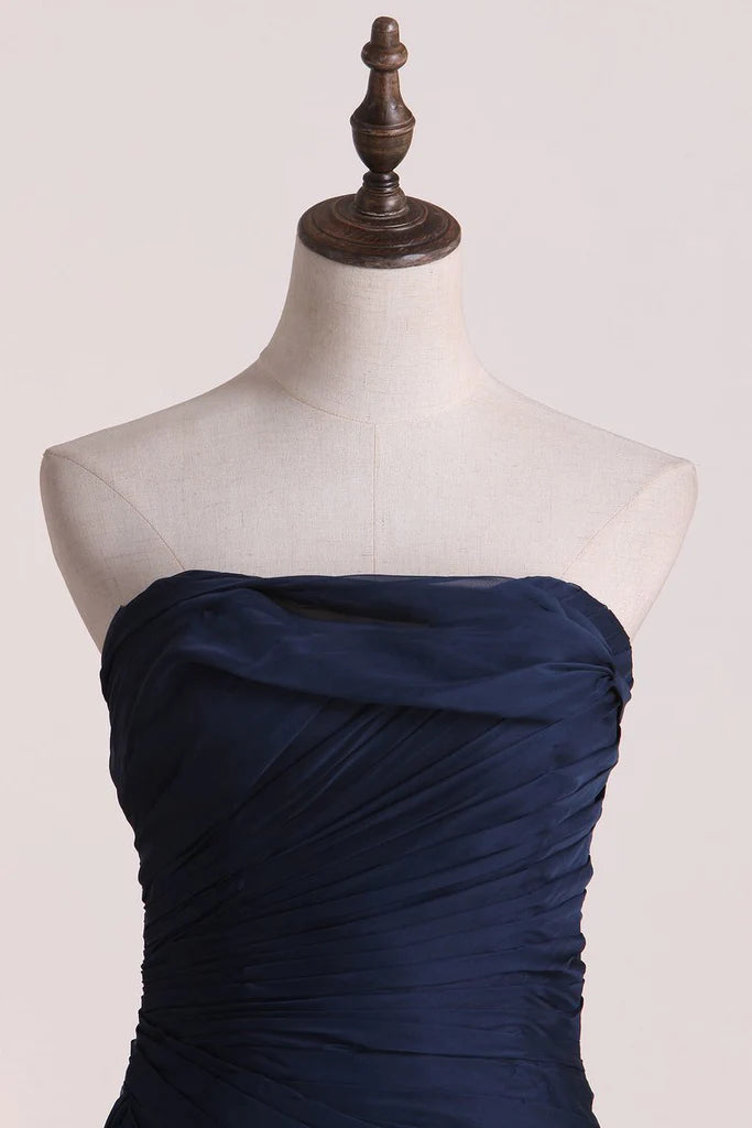 Dark Navy Strapless A-line Tulle Straight Neck Long Evening Prom Dress Online, OL028