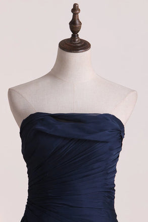 Dark Navy Strapless A-line Tulle Straight Neck Long Evening Prom Dress Online, OL028