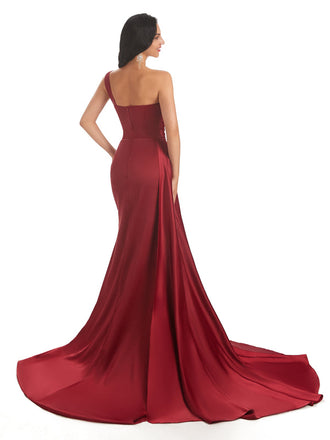 Elegant Red One Shoulder Mermaid Side Slit Long Prom Dress Ideas, Evening Party Dresses ,OLP1161