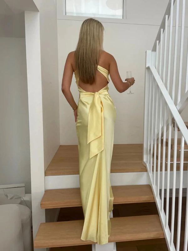 Sexy V-neck Sleeveless Mermaid Satin Evening Prom Dresses Online, OLP885