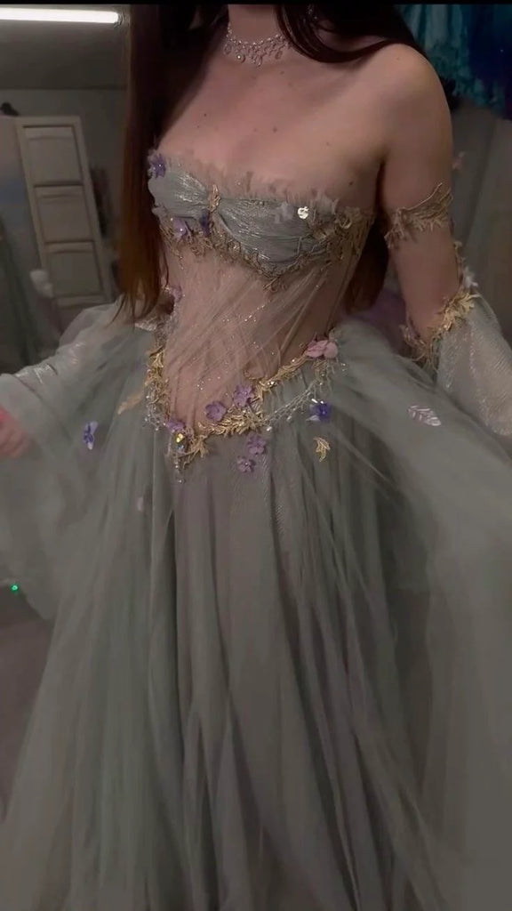 Ethereal Sage Green Fairy Prom Dress Off-Shoulder Corset Tulle Evening Gown,OLP2022