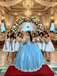 Modern Light Blue Lace Applique V-Neck Illusion Short Quinceanera Dama Dress,HD1224