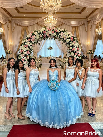 Modern Light Blue Lace Applique V-Neck Illusion Short Quinceanera Dama Dress,HD1224