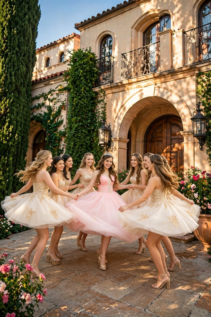 Unique Champagne Sequin Applique Sweetheart Bodice Short Quince Court Dress,HD1225